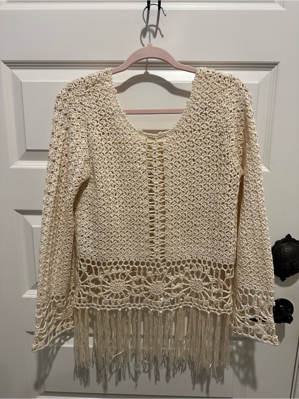 Altar'd State Cream Crochet Fringe Scoop Neck Sweater